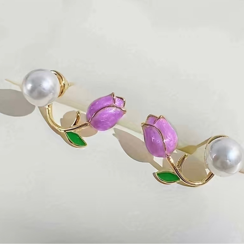 Trendy Elegant Purple Tulip Flower Pearl Stud Earrings, Women's‎ Stud Earrings - Picture 6 of 8